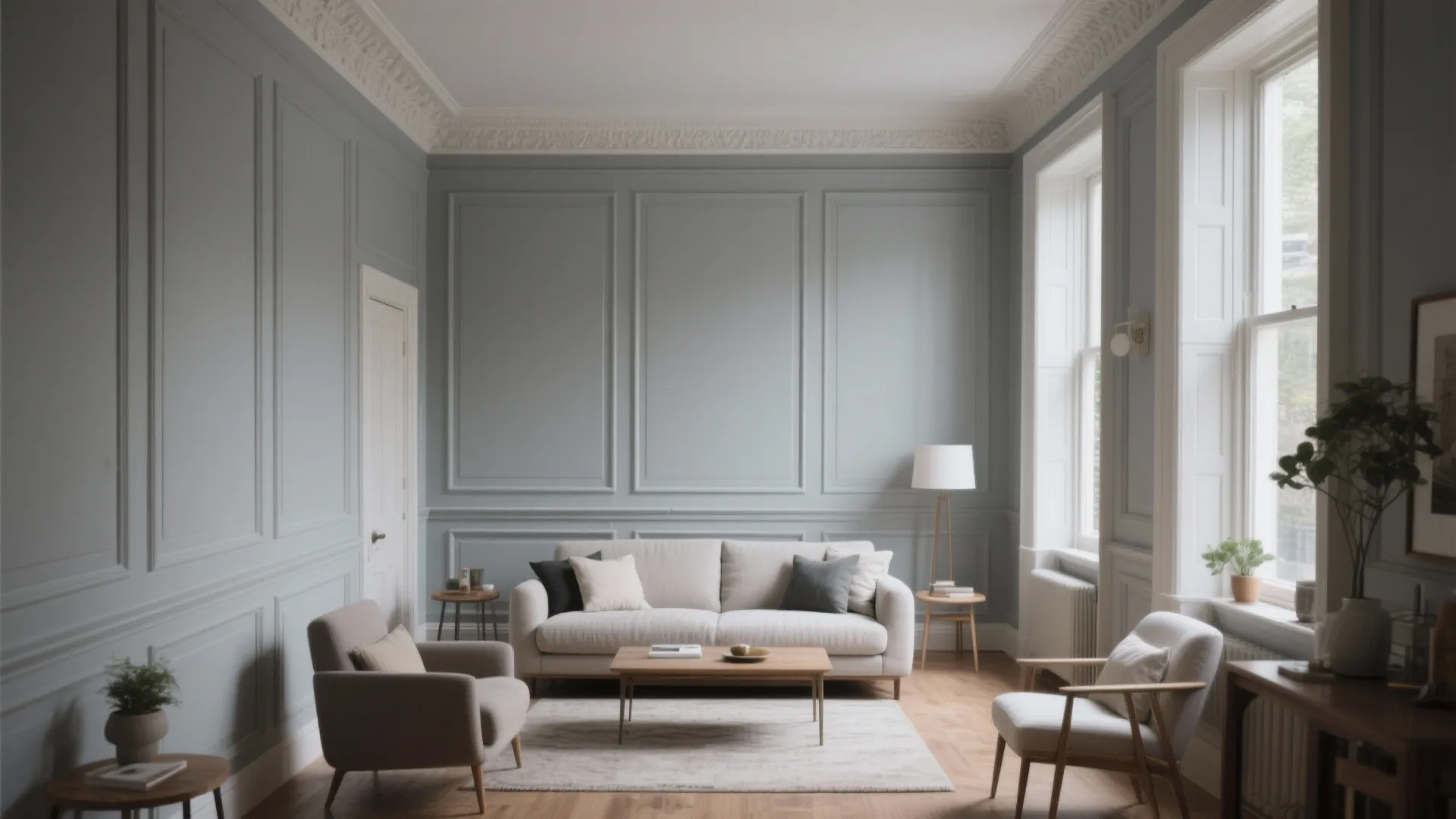 Classic living room with grey wall panel design white sofa wooden table and natural light