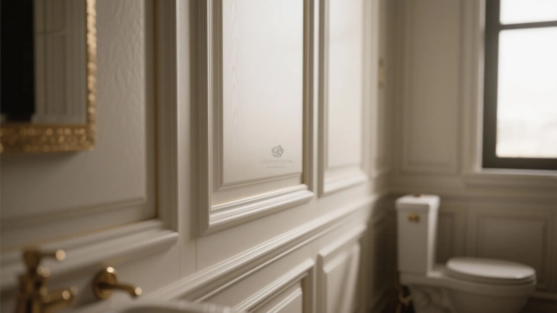 Close up of white wall panel design in a bathroom with gold faucet and toilet