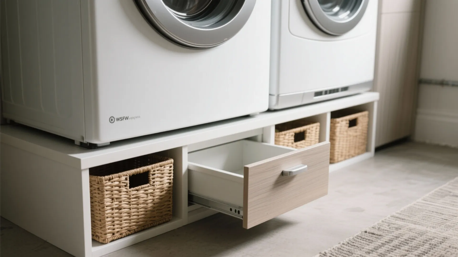 White washing machines sitting on raised stand with open wooden drawer and woven storage baskets