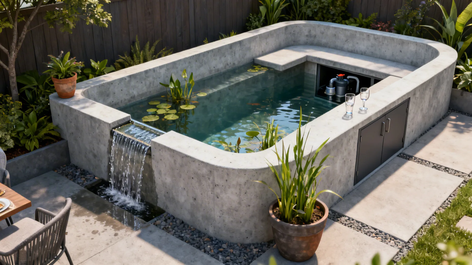 Raised concrete planter-pond doubling as seating with a narrow waterfall ledge on a compact patio.