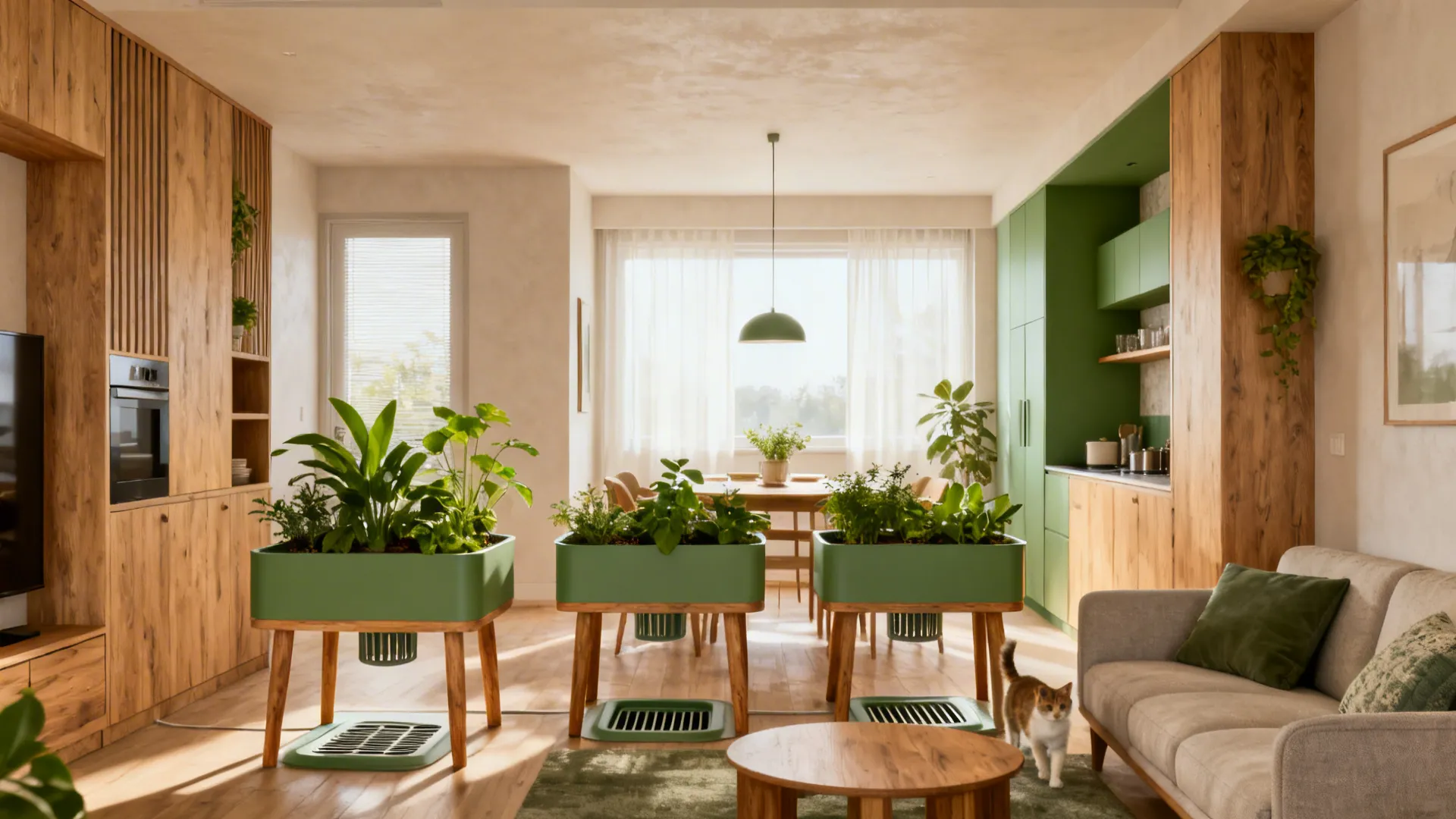 Modern kitchen and dining area featuring three green raised planters on wooden legs and cat
