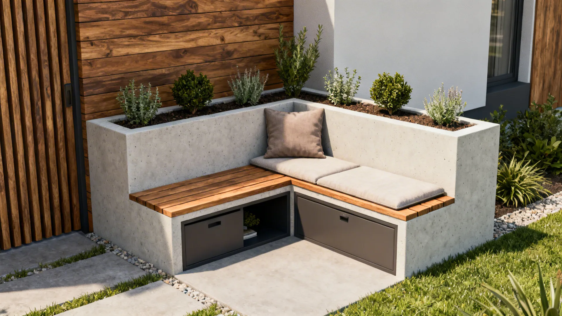 Modular raised planters that serve as bench seating in a small front yard.