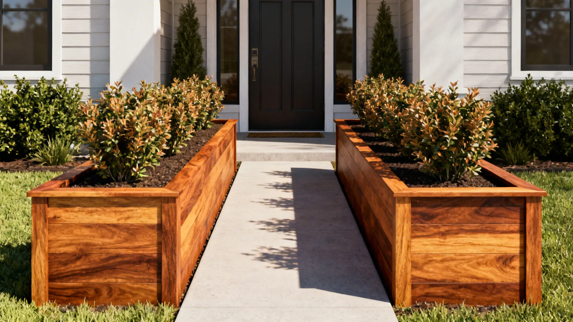 Symmetrical raised wooden planters flanking a pathway to a front door