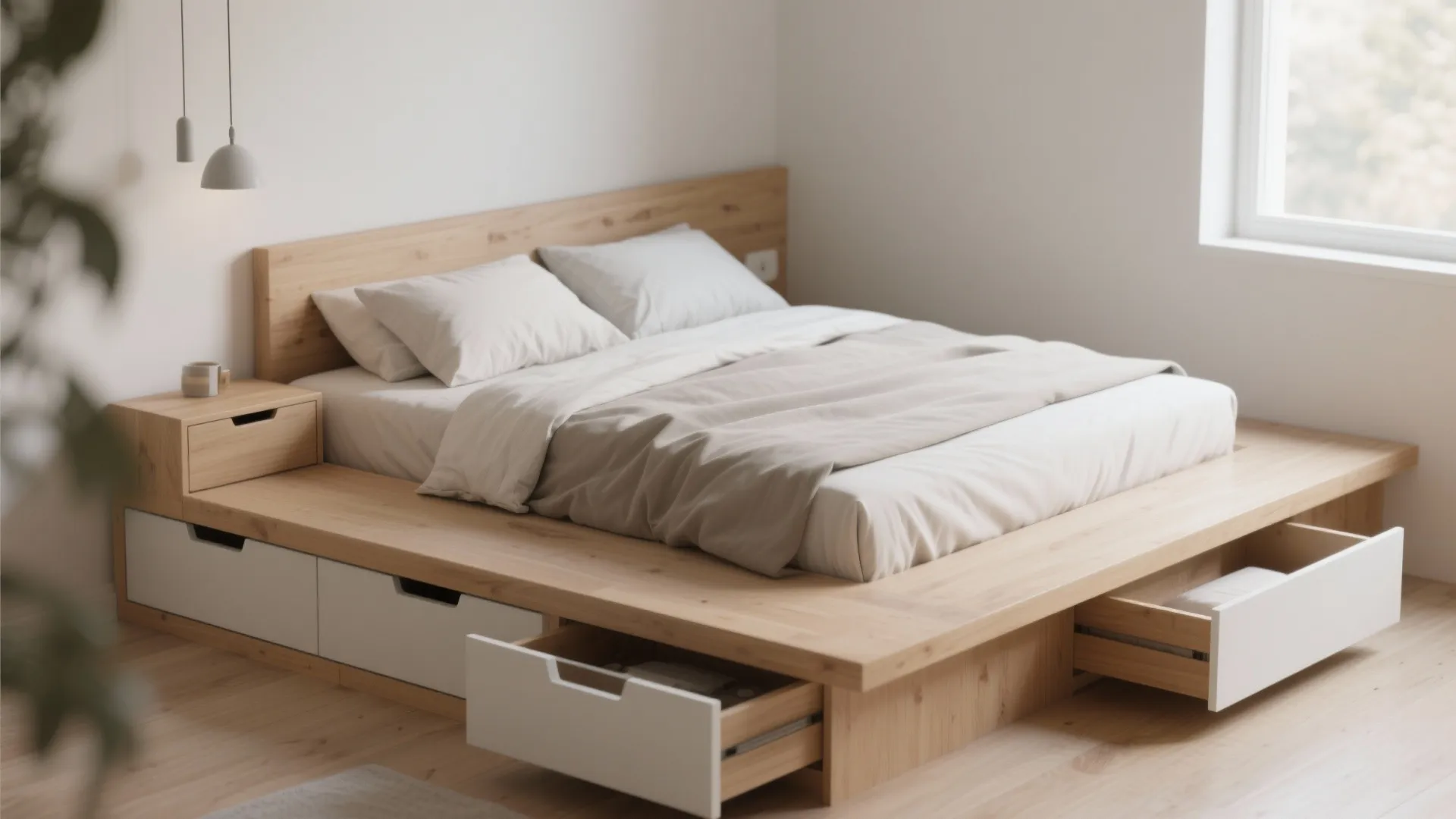 Modern wooden platform bed with white storage drawers built in underneath and small bedside nightstand