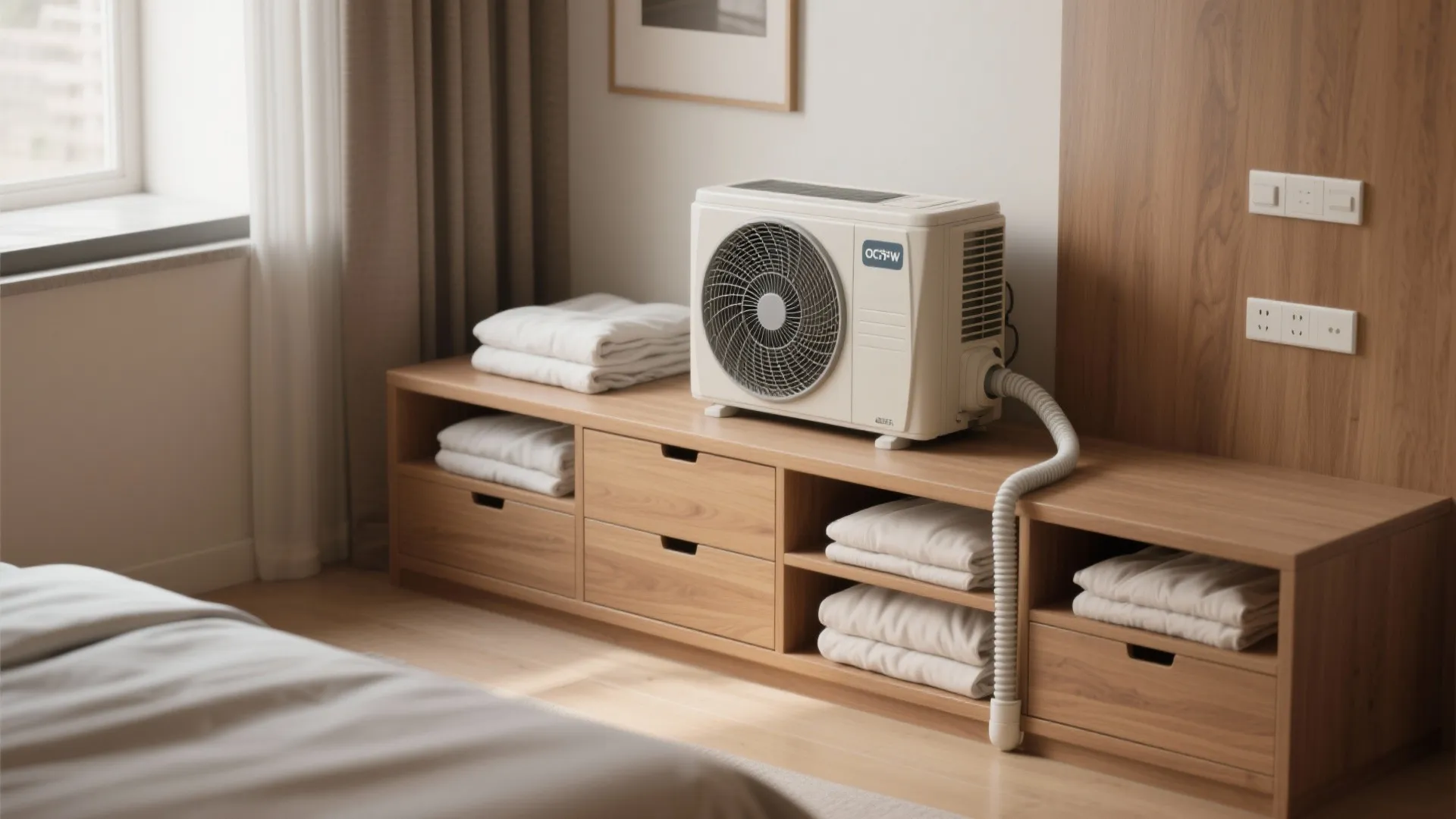 Portable air conditioner sitting on a wooden cabinet with white towels in a bright bedroom