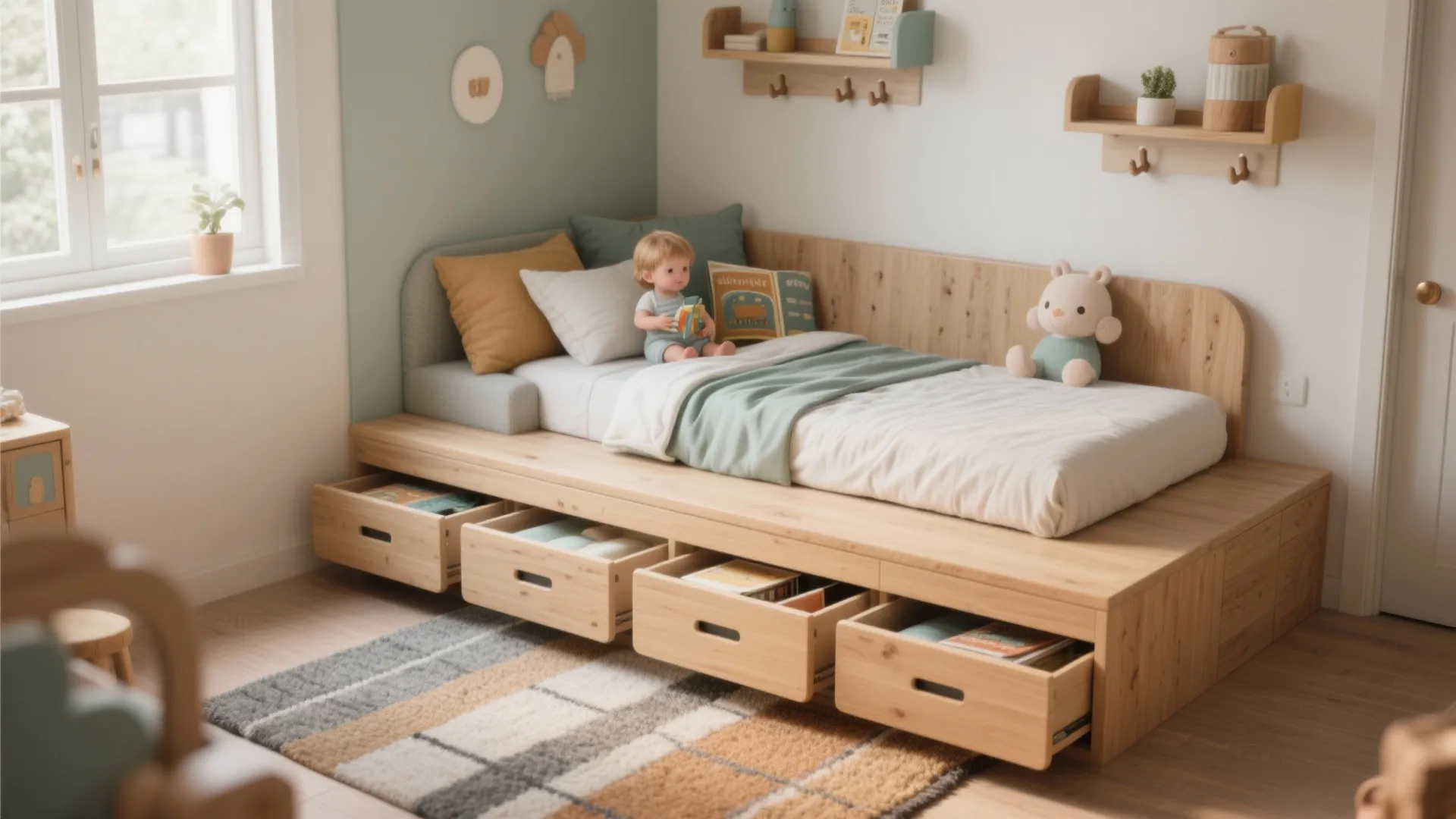 4. Raised platform with drawers and a cozy nook