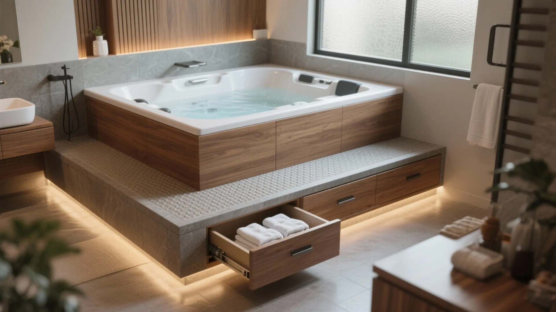 Raised platform jacuzzi tub with built-in under-storage drawers and a safe step-down solution.