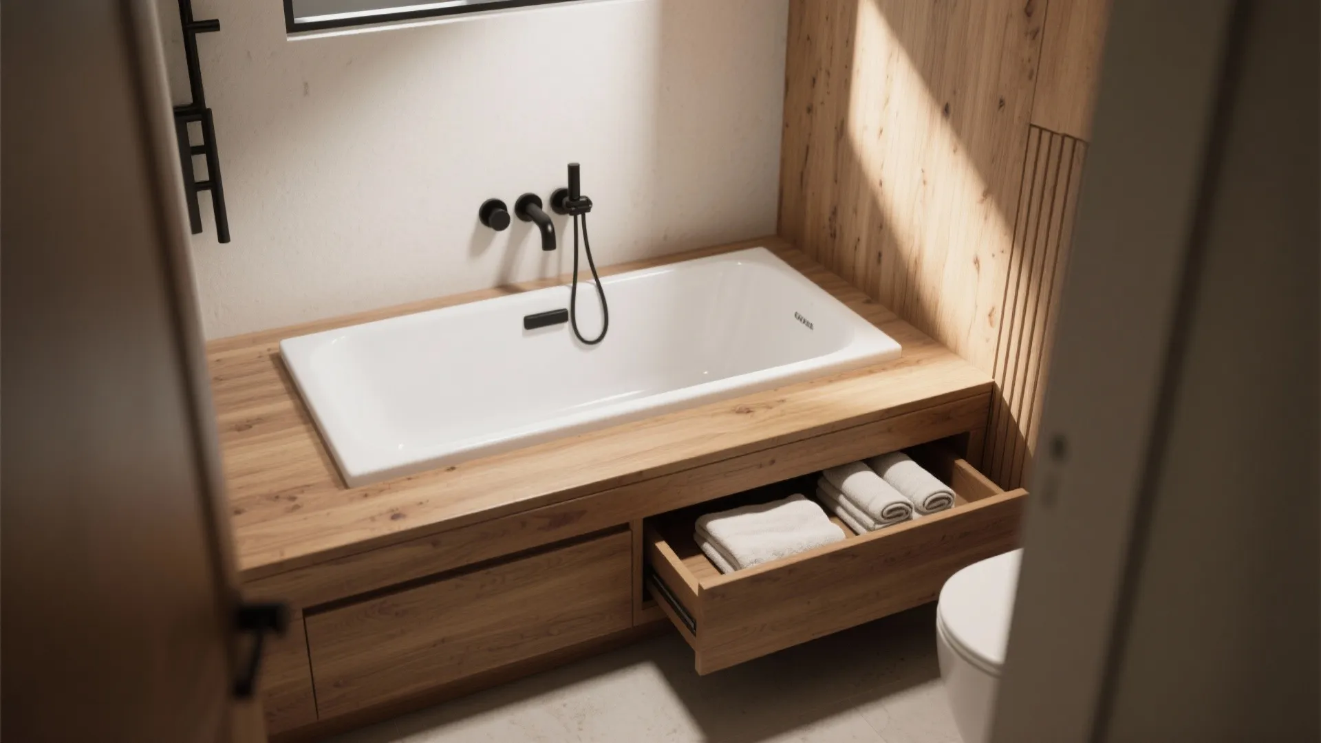 White bathtub built into wood platform with open drawer for towels black wall light and wall