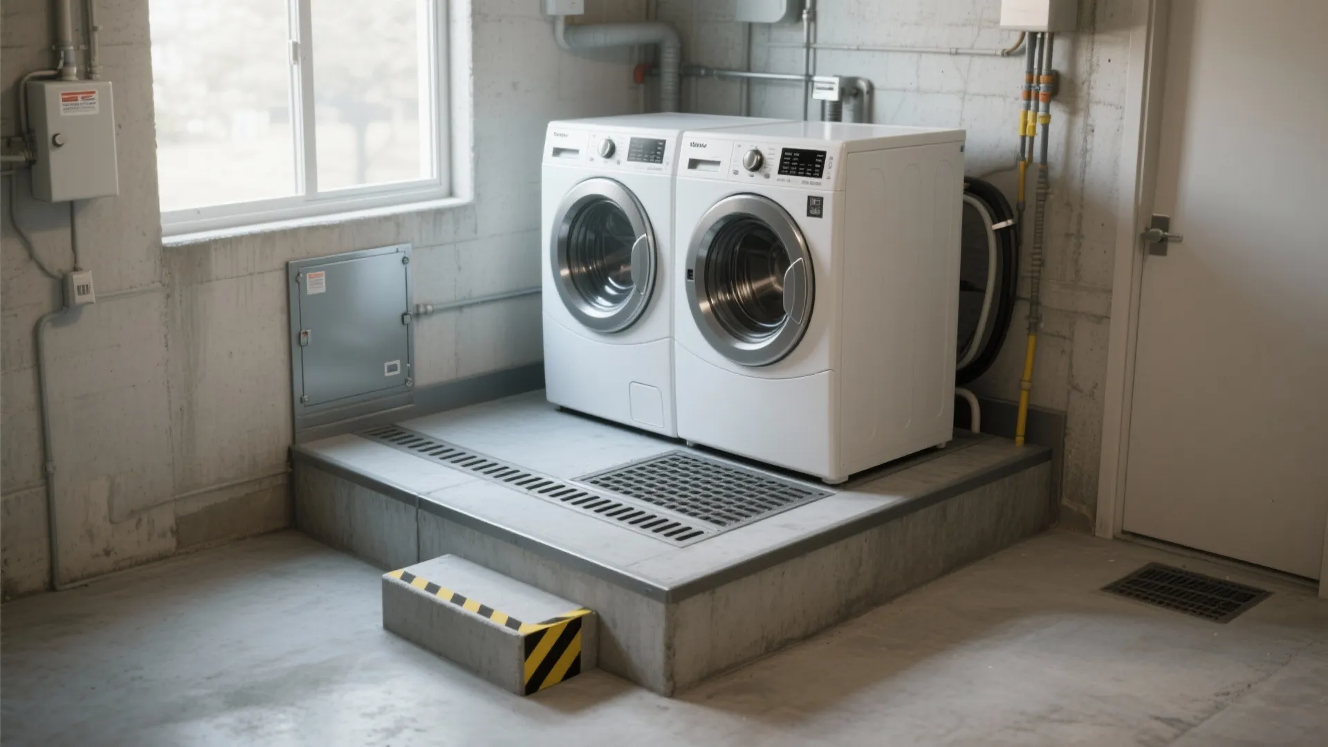 Two white washing machines on raised concrete platform with a small step and floor drain