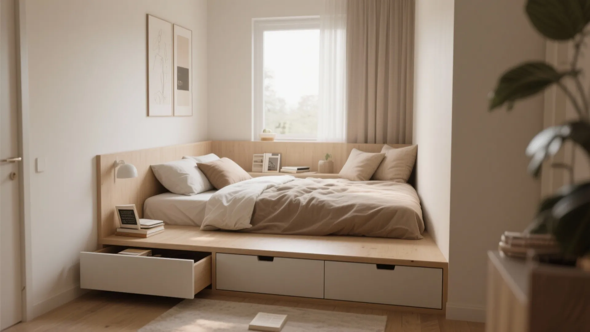 Raised platform bed with storage built into base