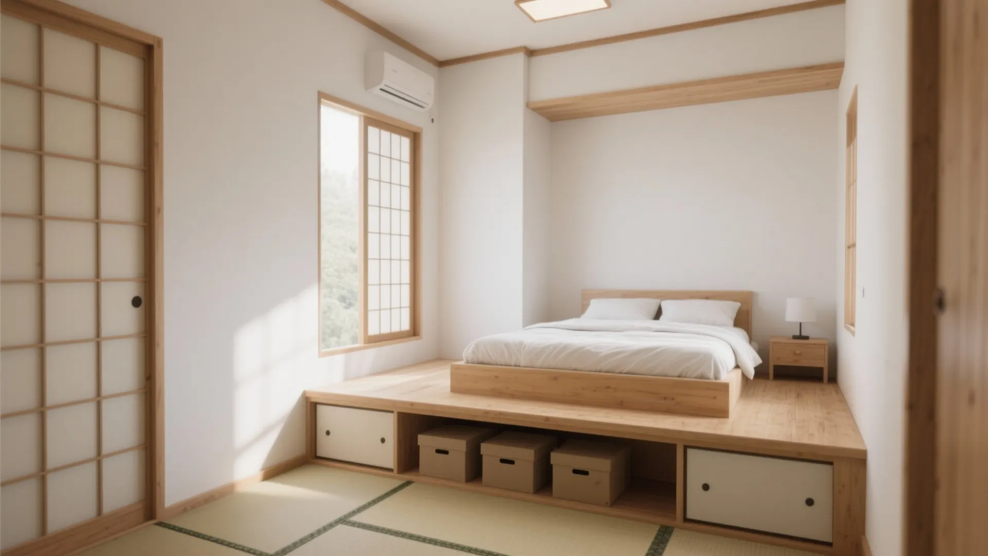 Japanese style bedroom with raised wood platform bed storage boxes tatami mats and sliding door design