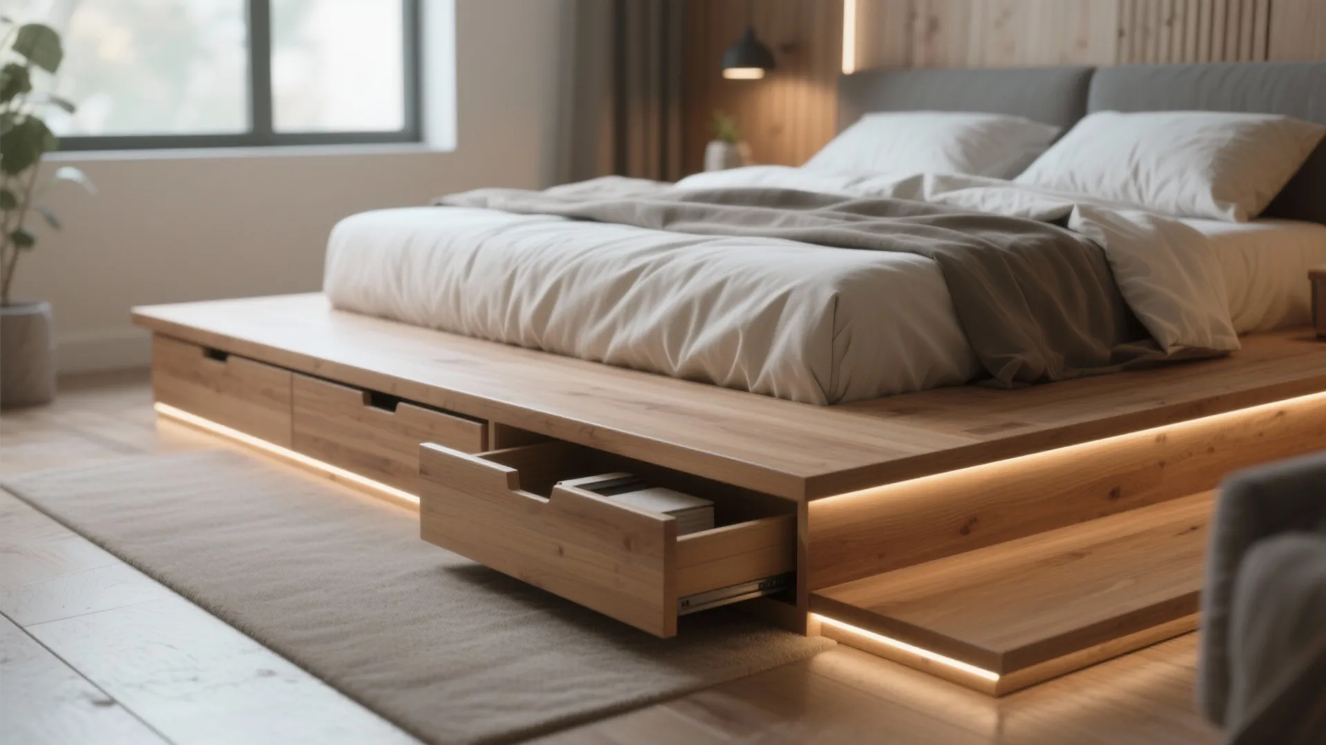 Raised platform bed with integrated drawers and subtle step lighting in a loft bedroom.