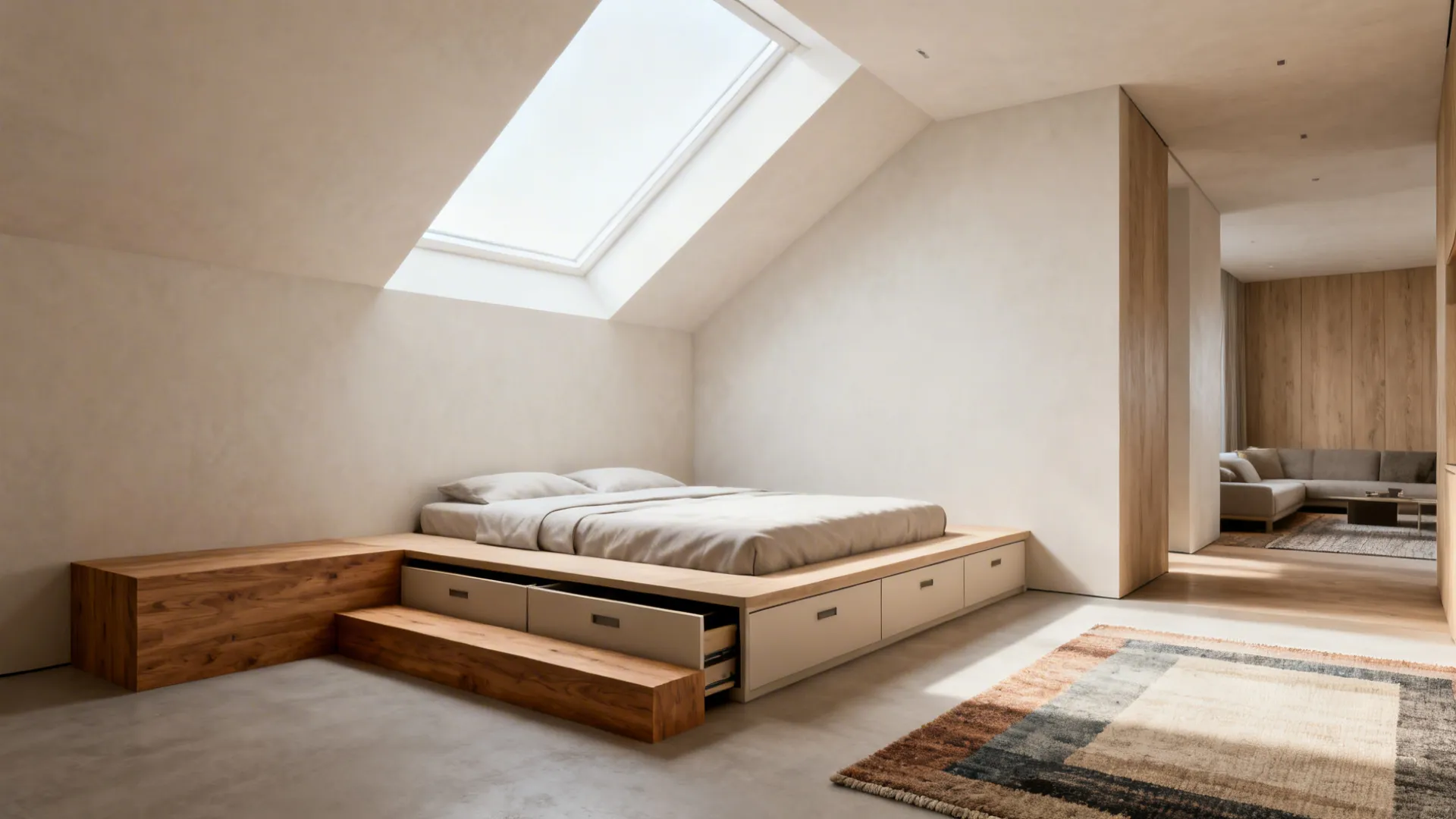 Raised platform bed with hidden storage and seating step defining the bedroom zone