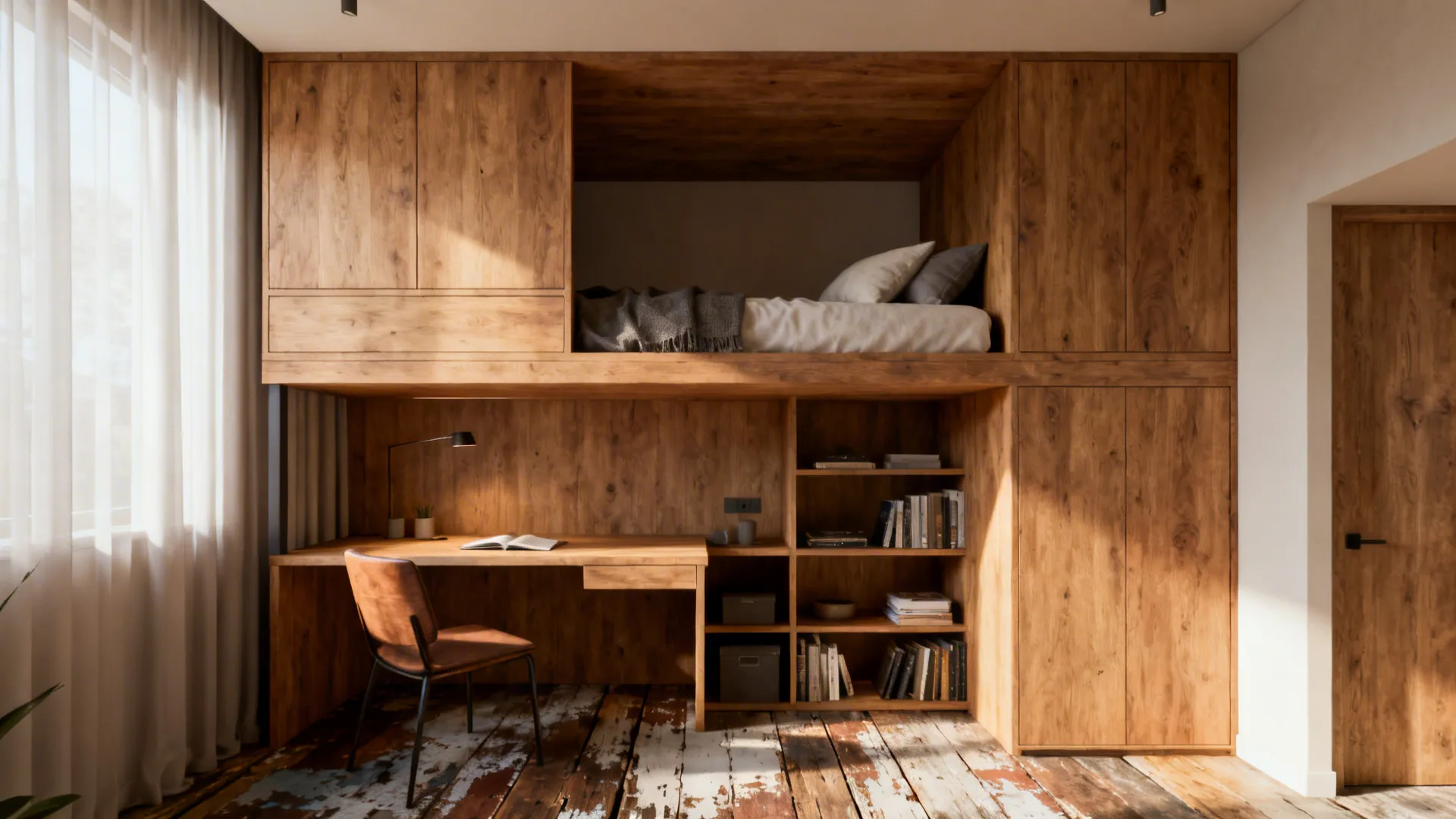Raised platform bed with storage and a mini workspace underneath in a small room.