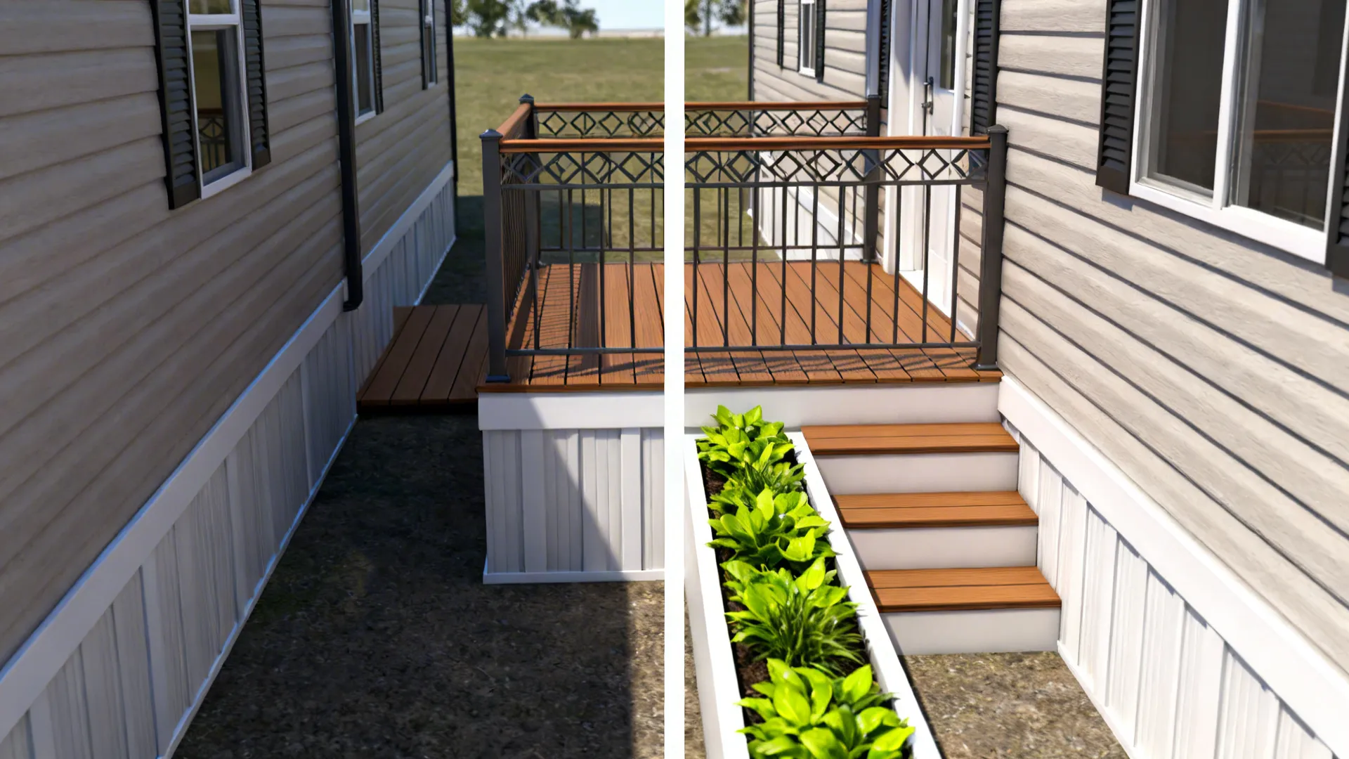 Before and after comparison showing a basic wooden platform versus a raised deck with plants