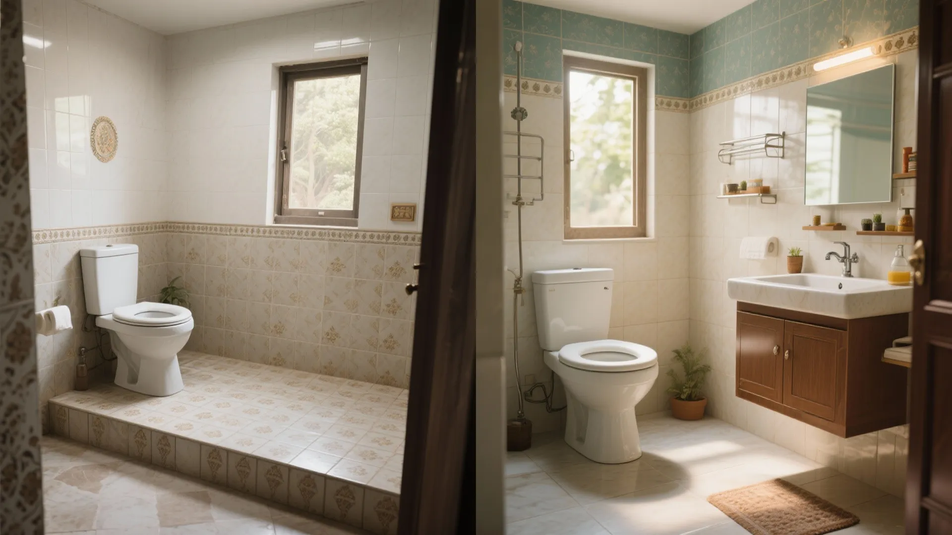 Before and after comparison showing bathroom renovation with white toilet on a new raised floor