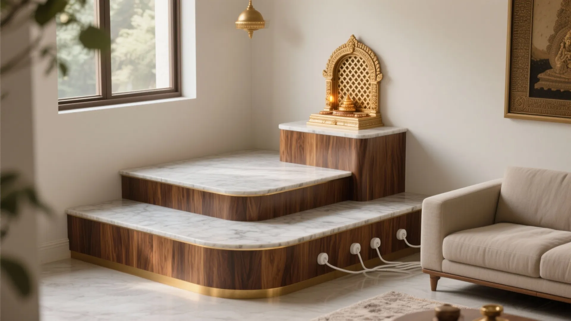 Corner mandir on a raised platform with teak trims, quartz top, and jali panel.