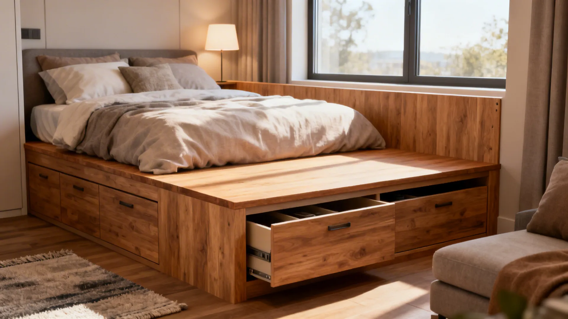 Raised sleeping platform with built-in drawers creating a distinct bedroom nook in a small apartment.