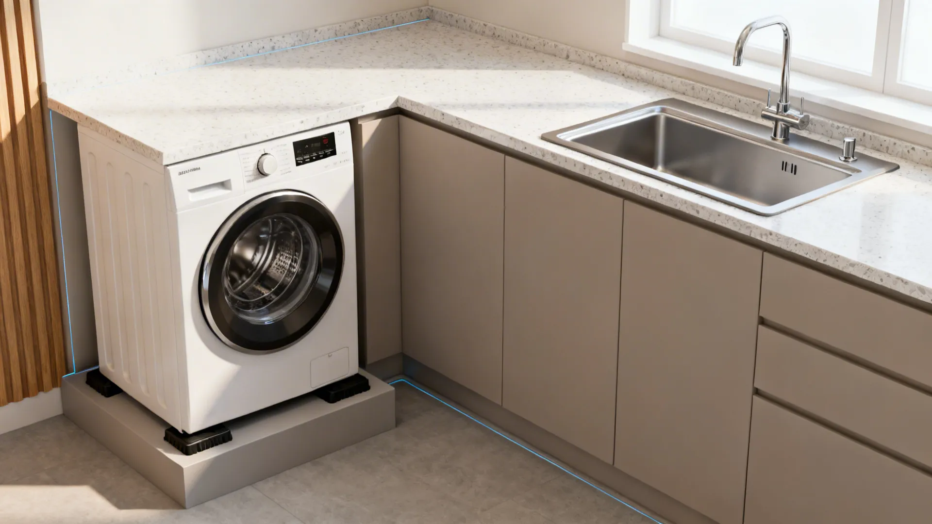 Front-load washer on a raised platform beside a spill-safe sink with a protective ledge and back-set tap.