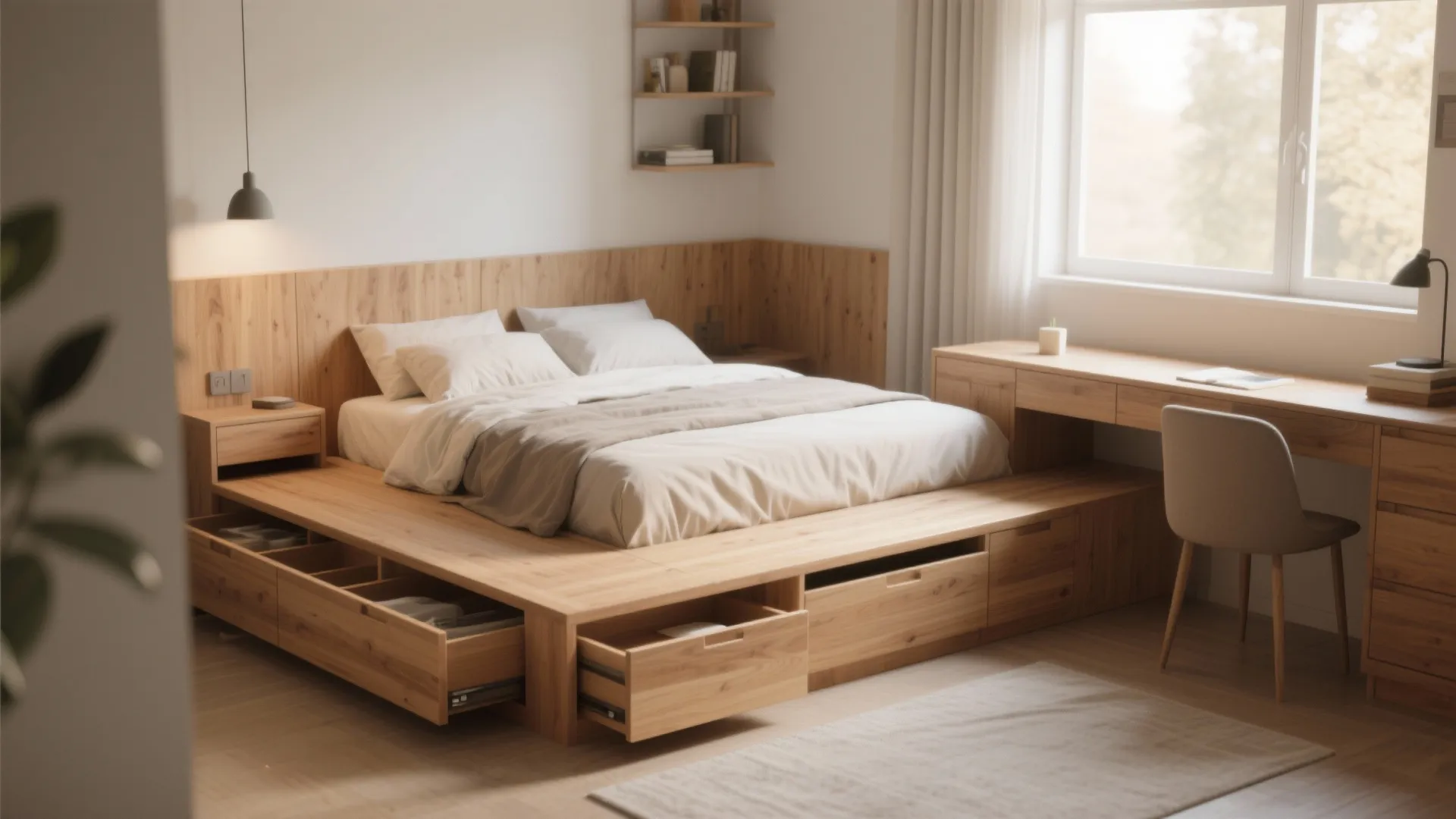 Minimalist bedroom with a wooden platform bed including built in drawers for smart home storage solution
