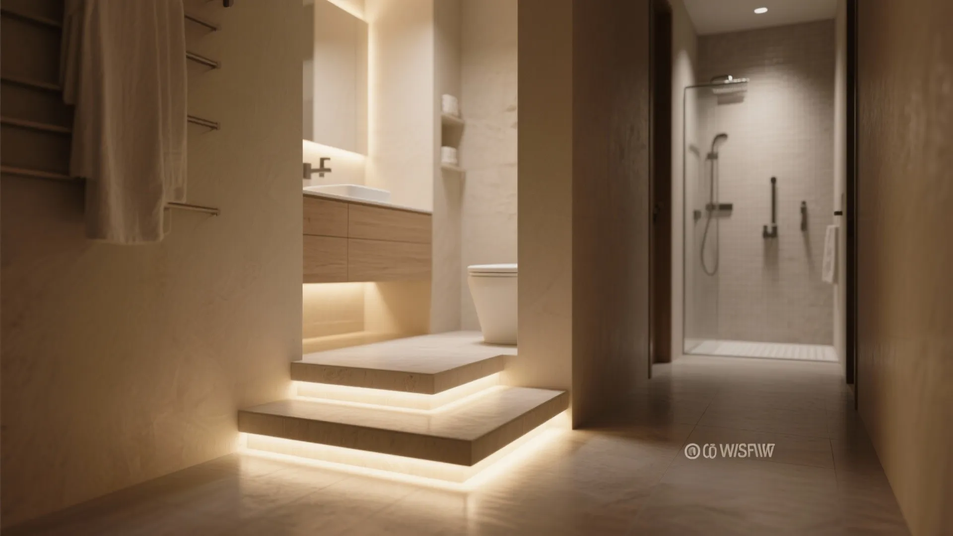 Modern bathroom with glowing floating stone steps leading to the toilet and glass shower area