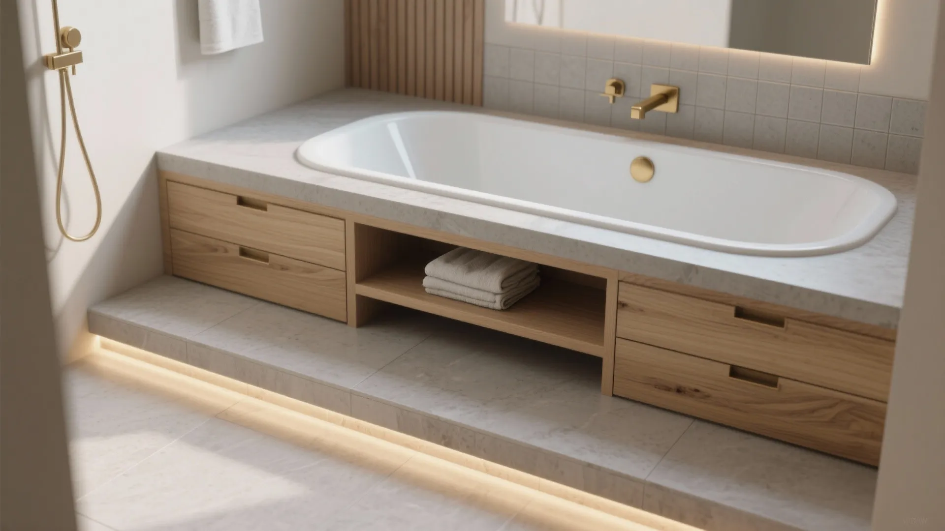 4. Raised Platform Tub with Integrated Storage
