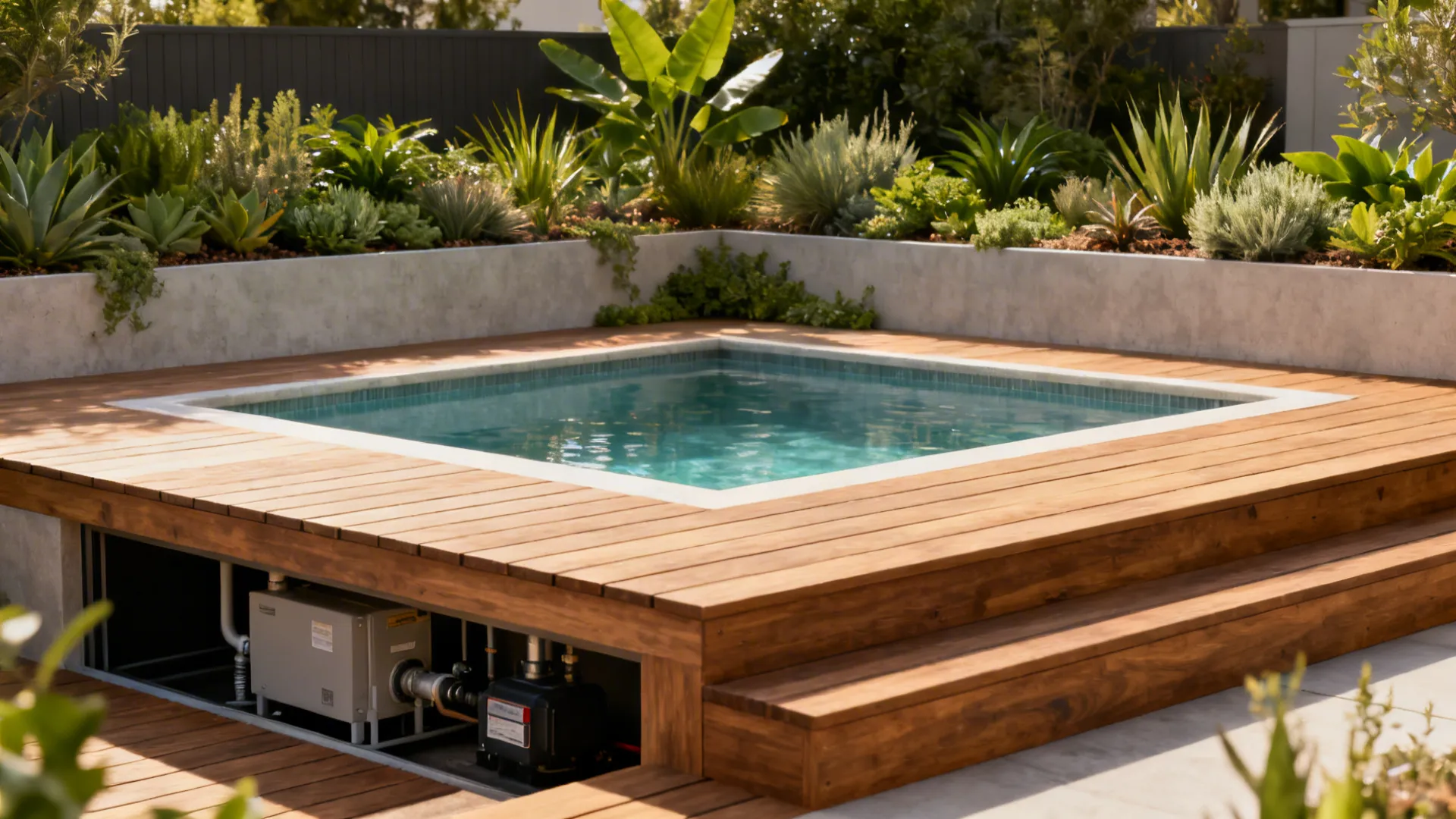Raised plunge pool surrounded by planter boxes on a deck creating layered privacy.