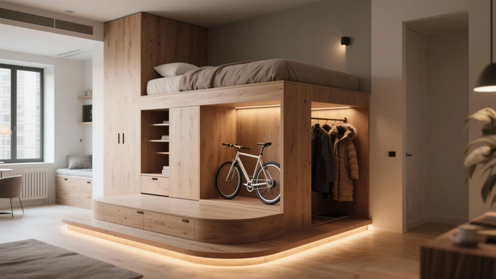 Custom wood loft bed with integrated wardrobe space for clothes and a bicycle storage area below