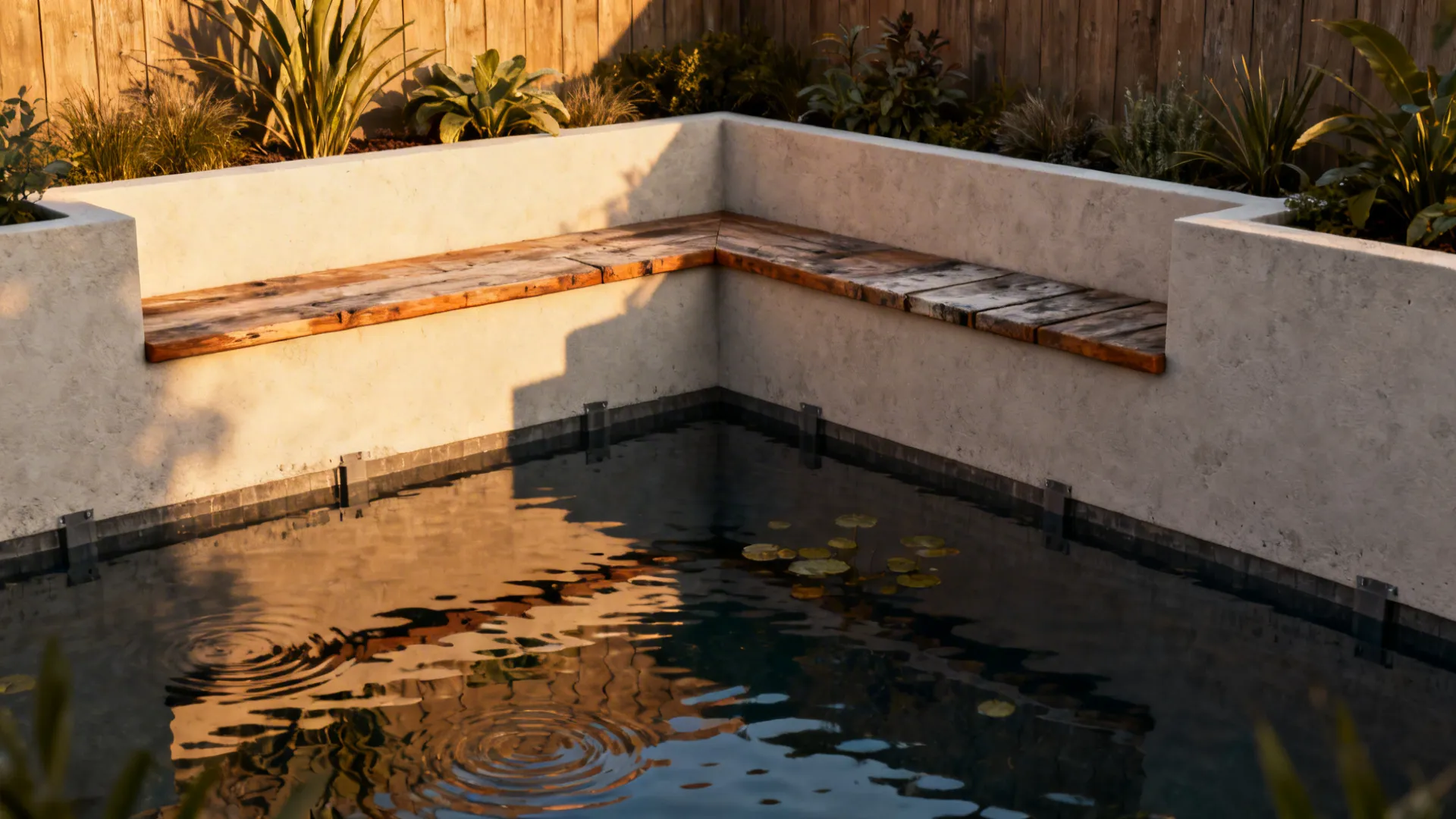 Raised pond with a 40cm seating rim that doubles as a bench and planter in a small courtyard.