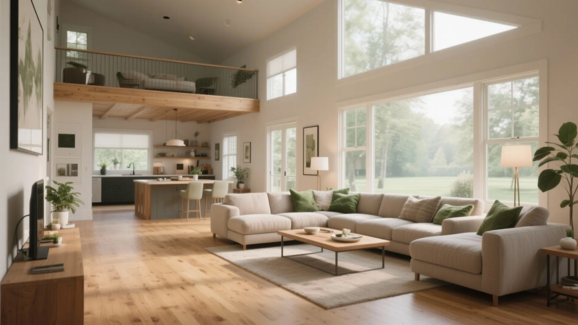 Modern open living room with large sofa wooden floor kitchen island and upper level loft