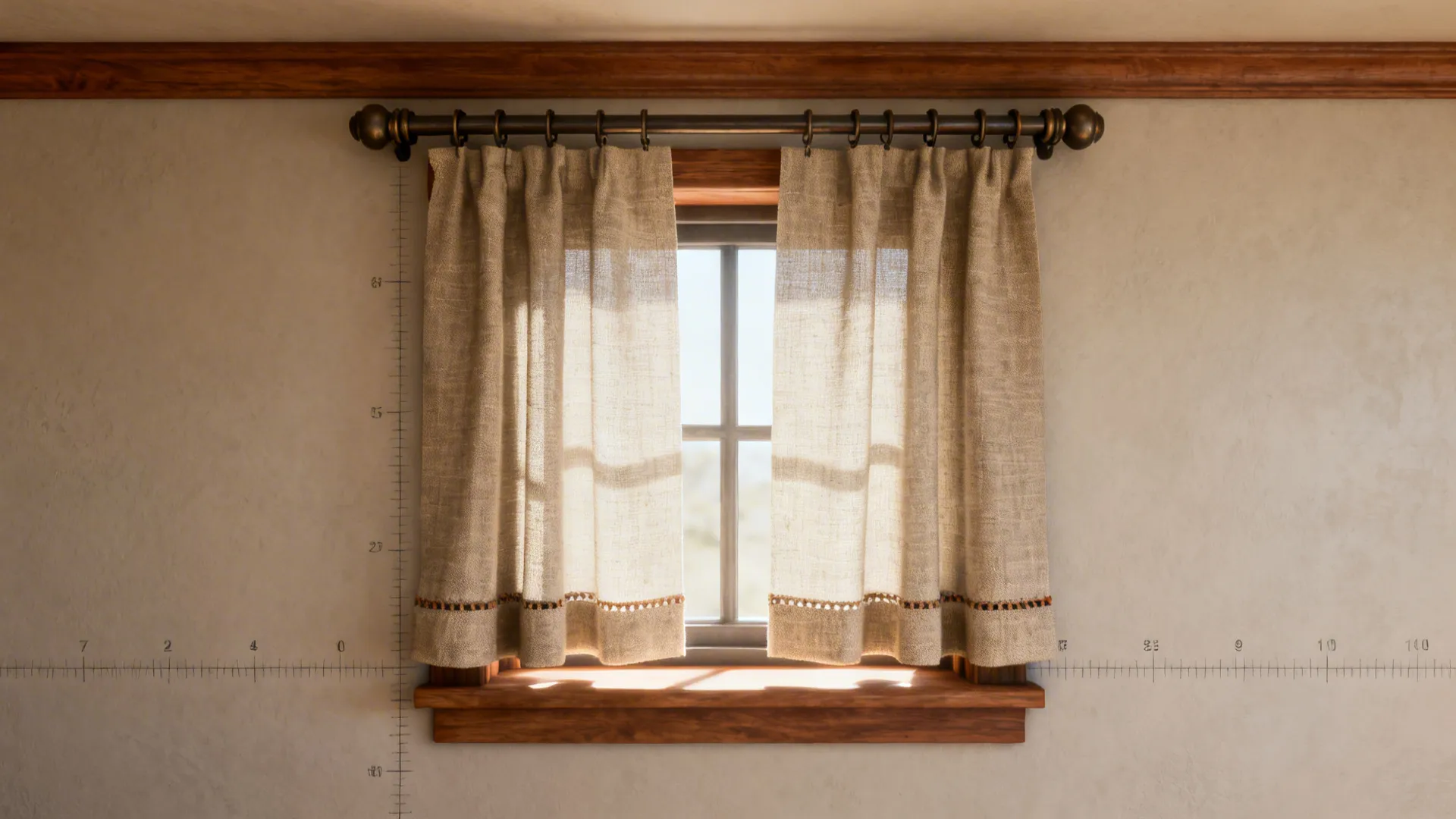 Small window with curtain rod mounted above frame and short panels ending at the sill