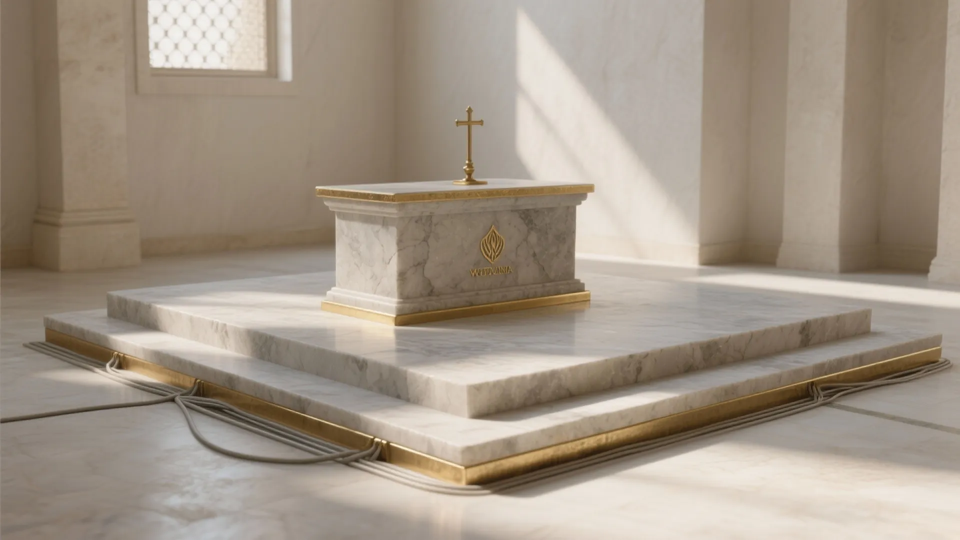 White marble platform with gold trim and a marble box holding a small gold cross