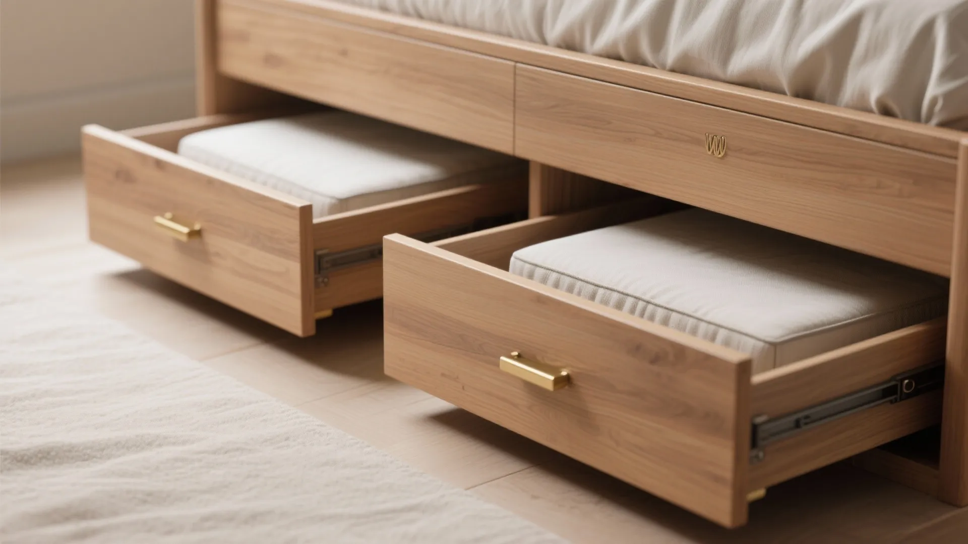 Close up of wooden bed frame featuring two open storage drawers with gold handles inside