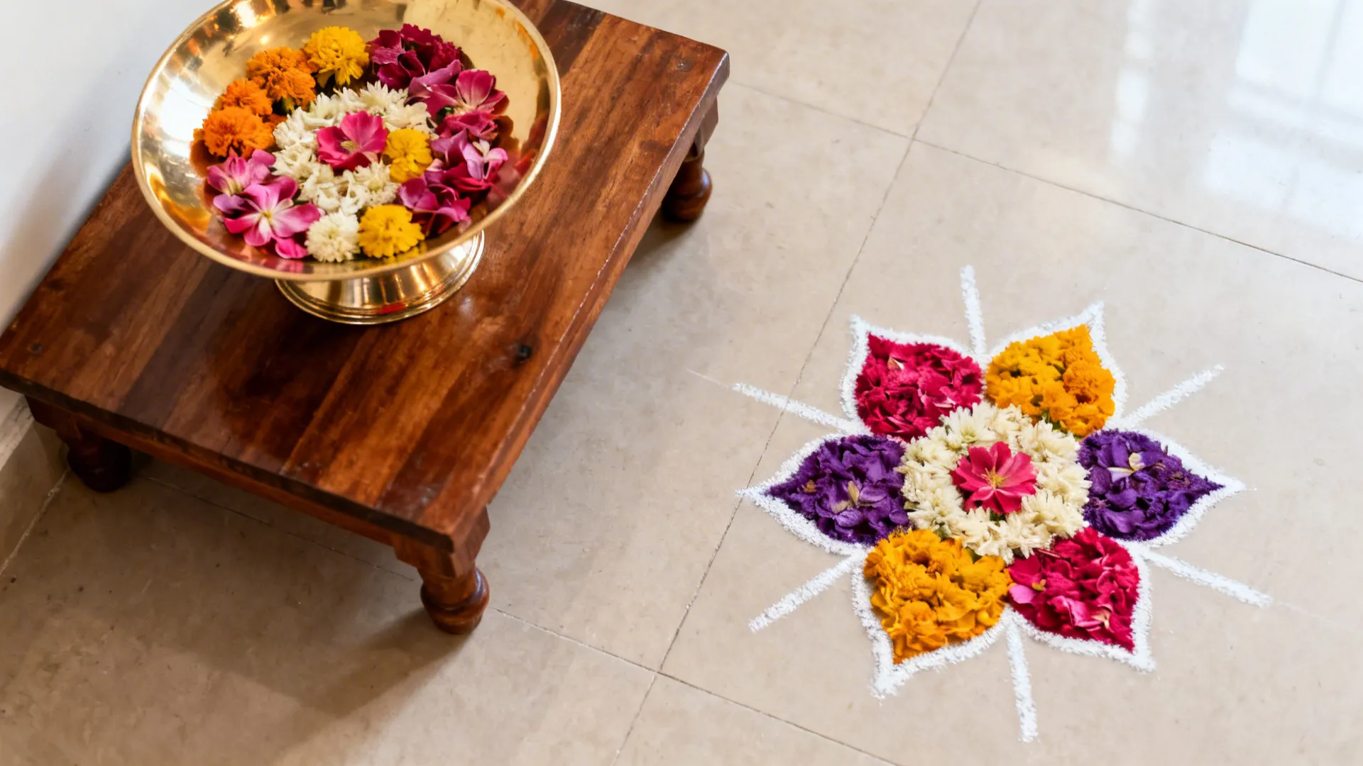 Top-down of a raised brass thali with a symmetrical flower rangoli on a low wooden chowki.