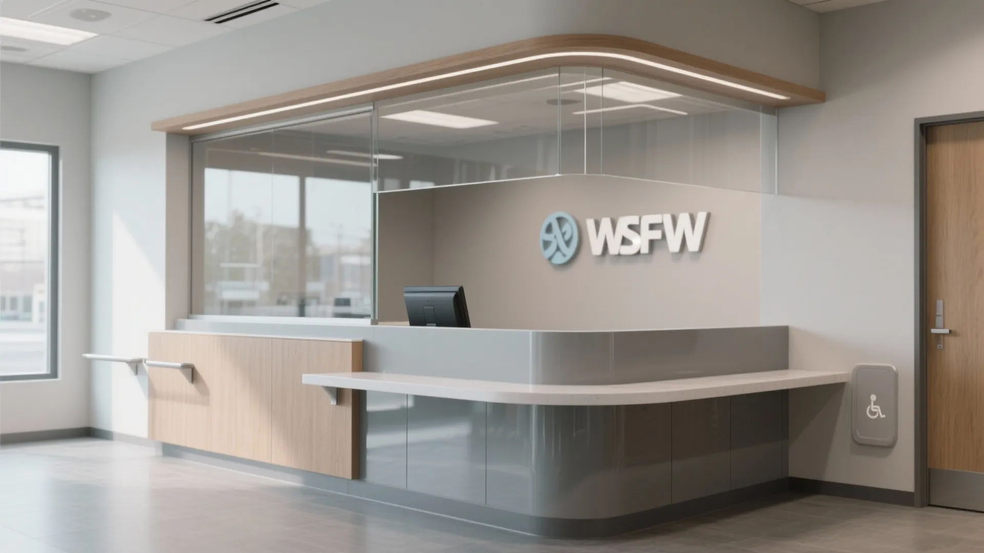 Raised transaction shelf with an upper transparent panel and a lowered ADA-compliant section at a reception window.