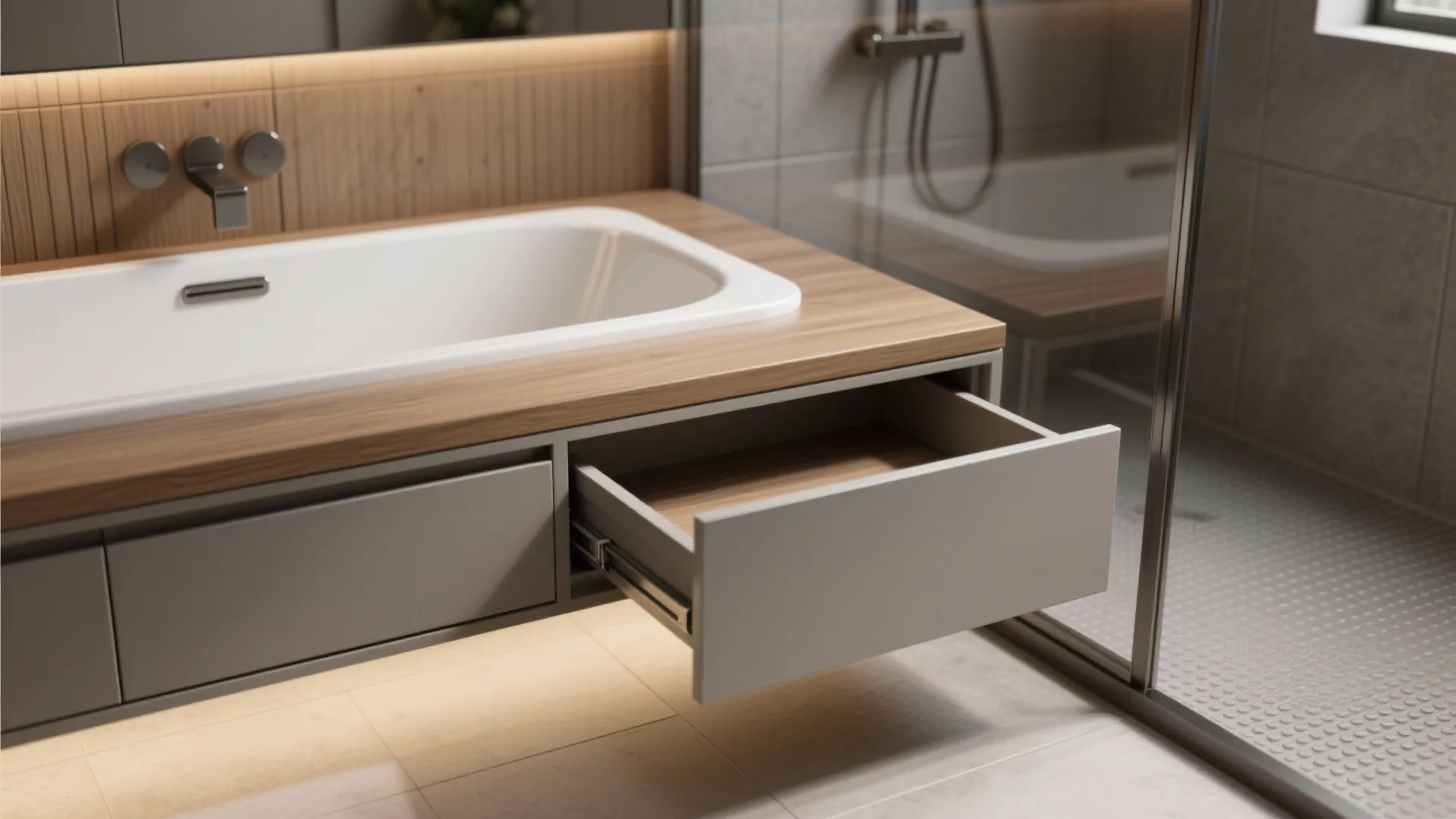 4. Raised tub with under-bath storage and a slim shower stall