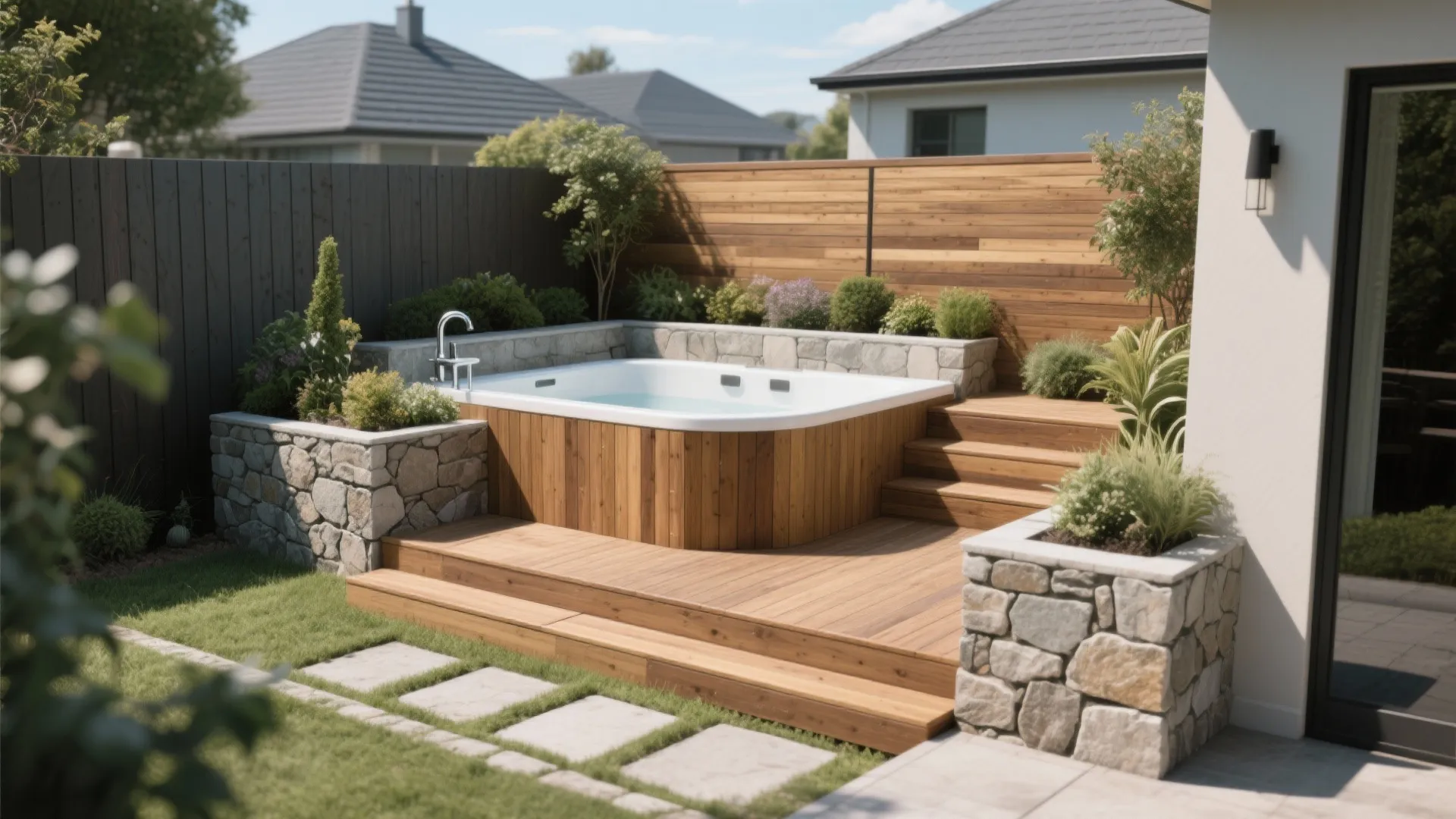 Raised outdoor hot tub with wooden panels on a backyard deck surrounded by stone garden walls