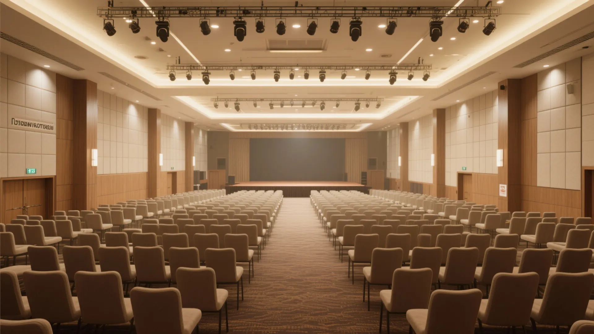 Large empty auditorium hall with rows of brown chairs and stage ceiling lights and panels
