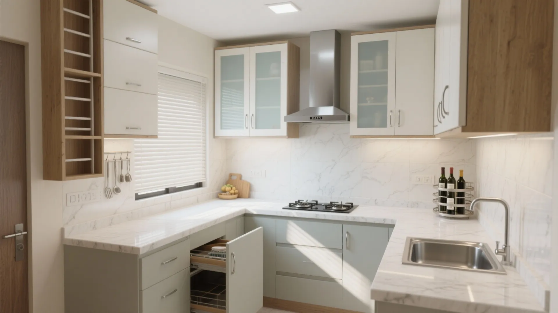 Modular Kitchen With Vertical Storage and Light Finishes