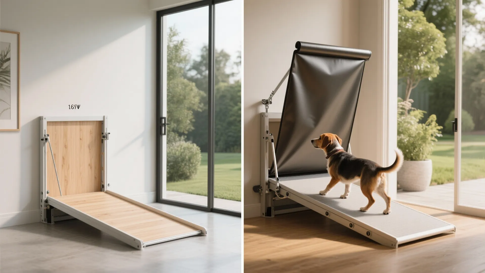 Comparison showing a wooden indoor pet ramp and a beagle dog walking up the ramp