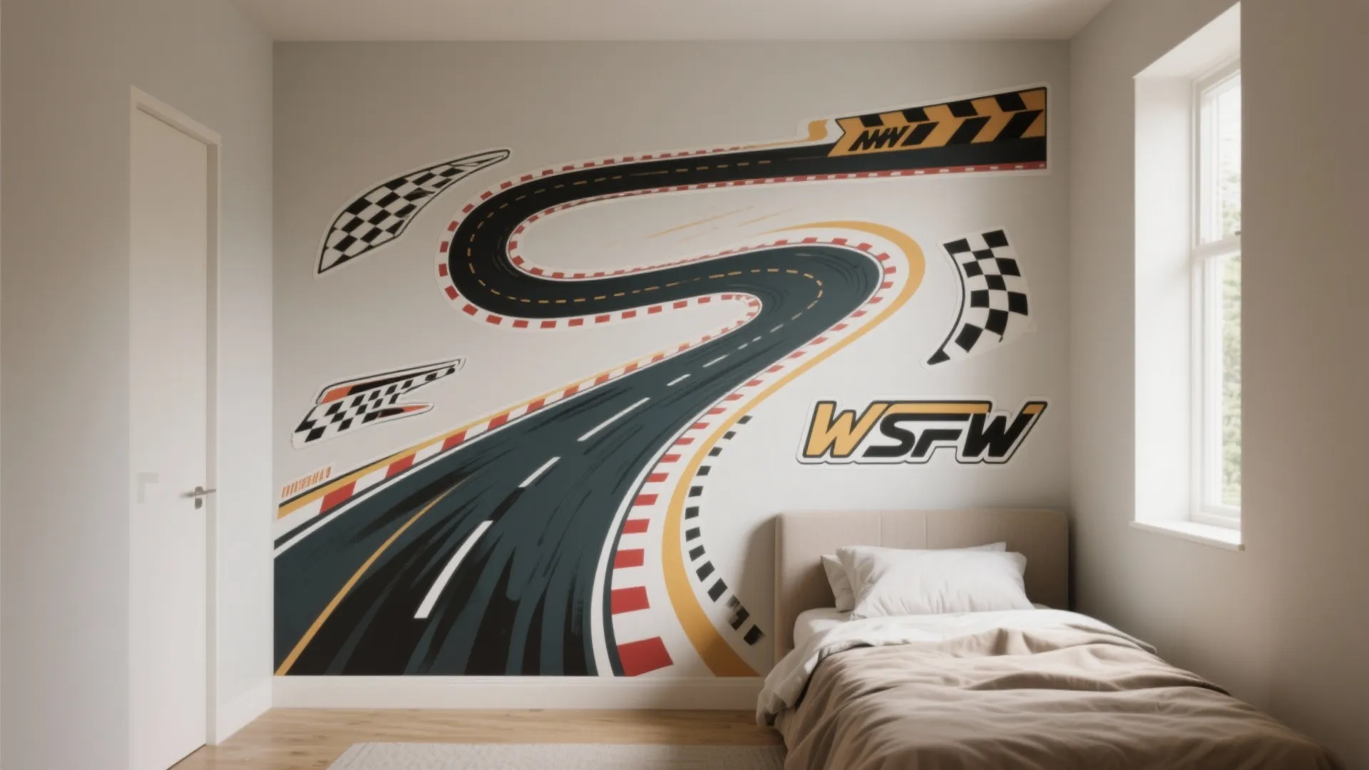 Modern kids bedroom featuring a race track wall mural next to a small single bed