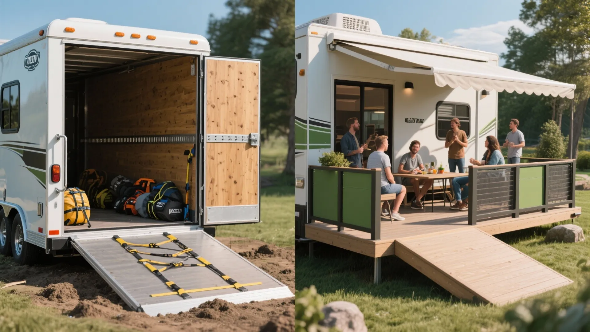 Split view showing a white trailer with open cargo doors and friends sitting on deck