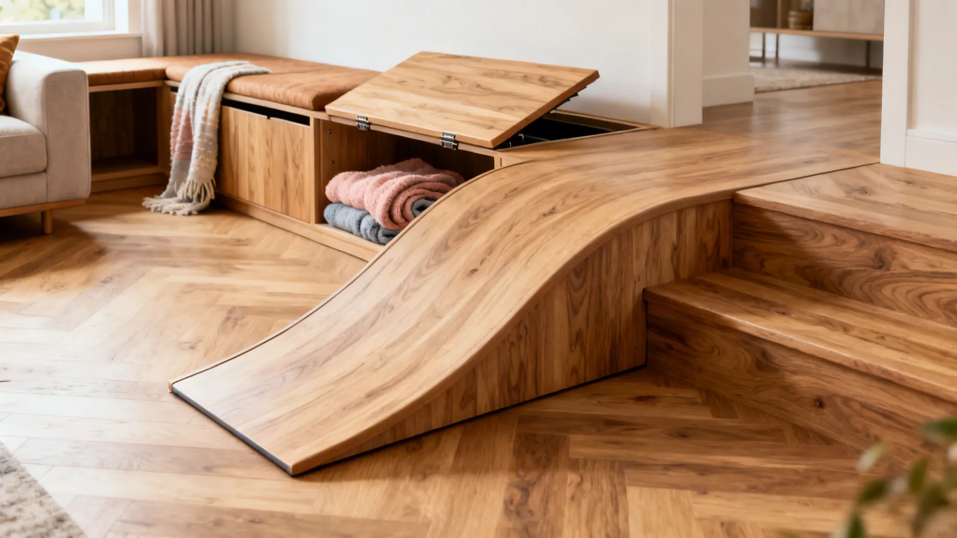 Gentle ramp with built-in storage benches in a living room, wood finish and soft textiles visible.