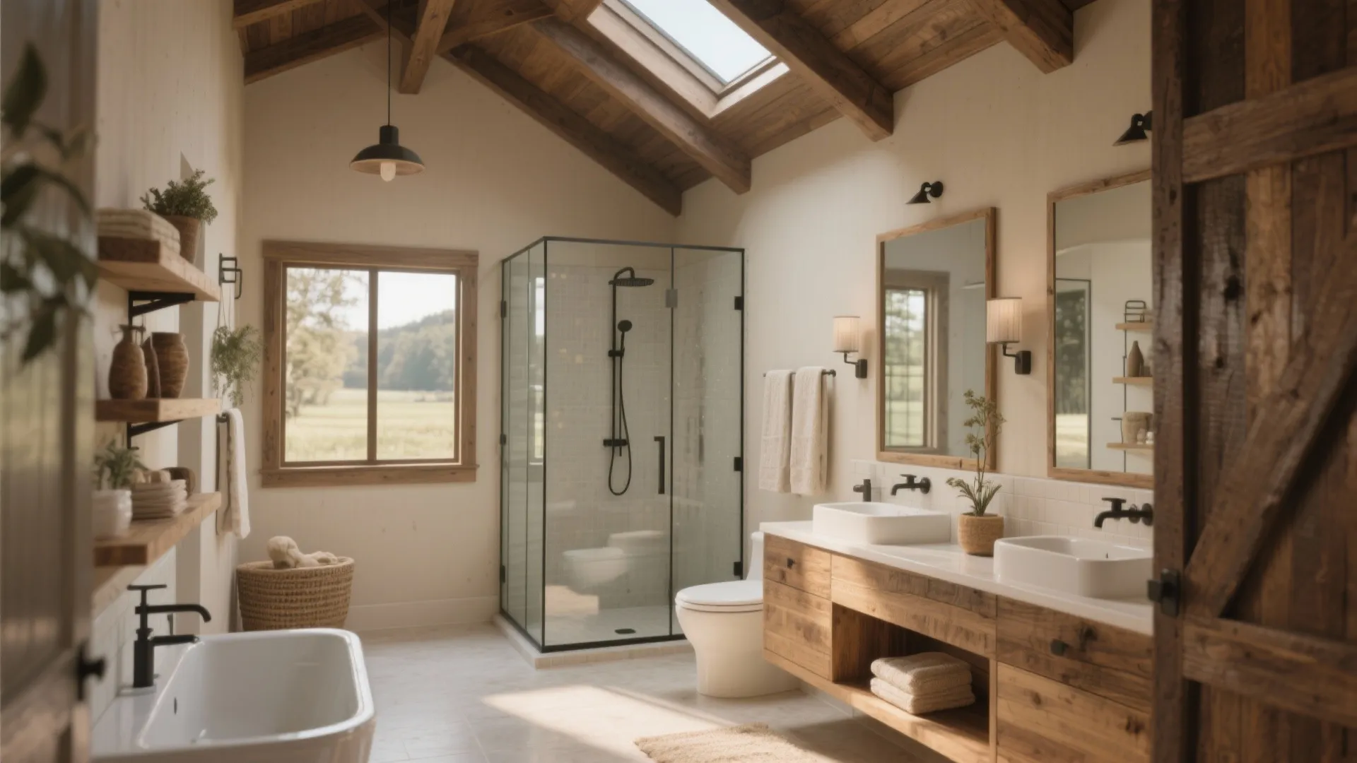 Rustic bathroom with wood ceiling light beams double sink cabinet glass shower and bathtub view