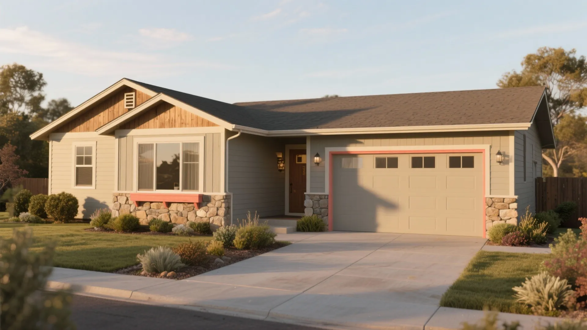 Modern ranch house exterior with grey siding stone accents front lawn driveway and garage door