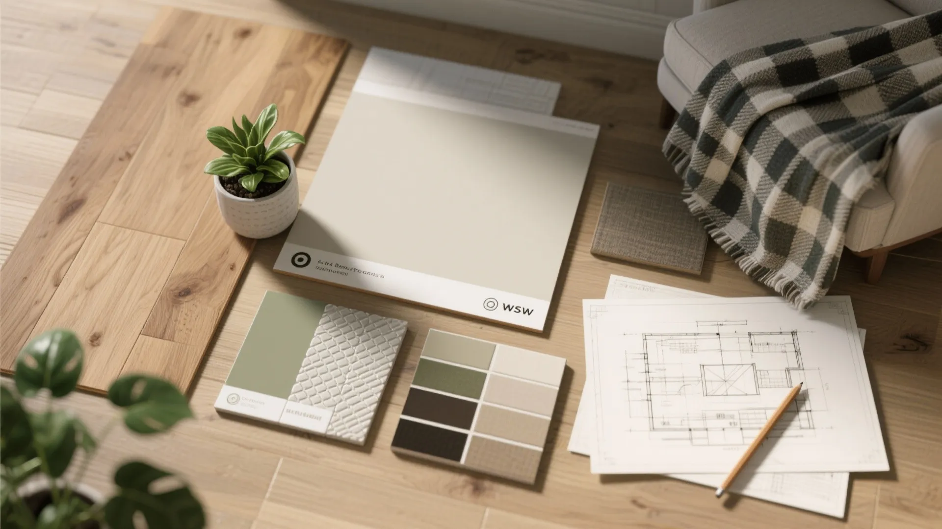 Top-down materials flatlay showing wood, tile and fabric swatches for a ranch palette