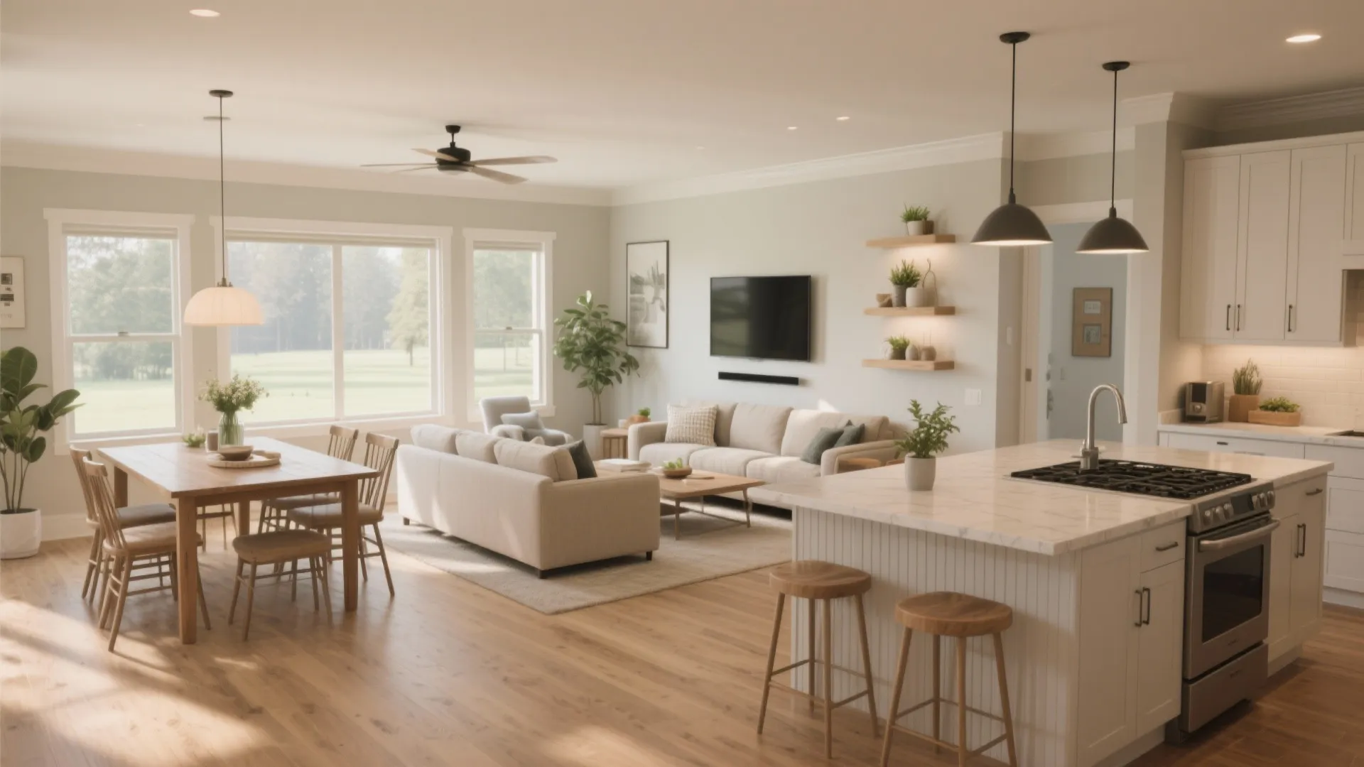 Open plan living area with dining table sofa kitchen island wood floor and large windows