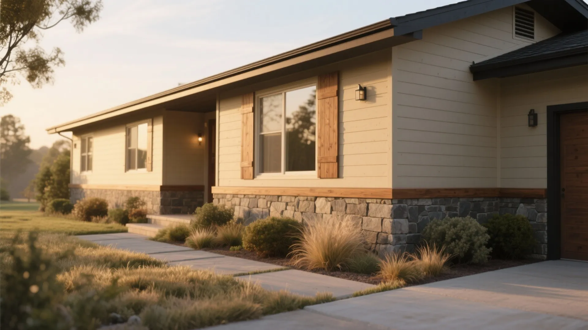 Modern ranch house exterior with beige siding stone wall base wooden shutters and a concrete walkway