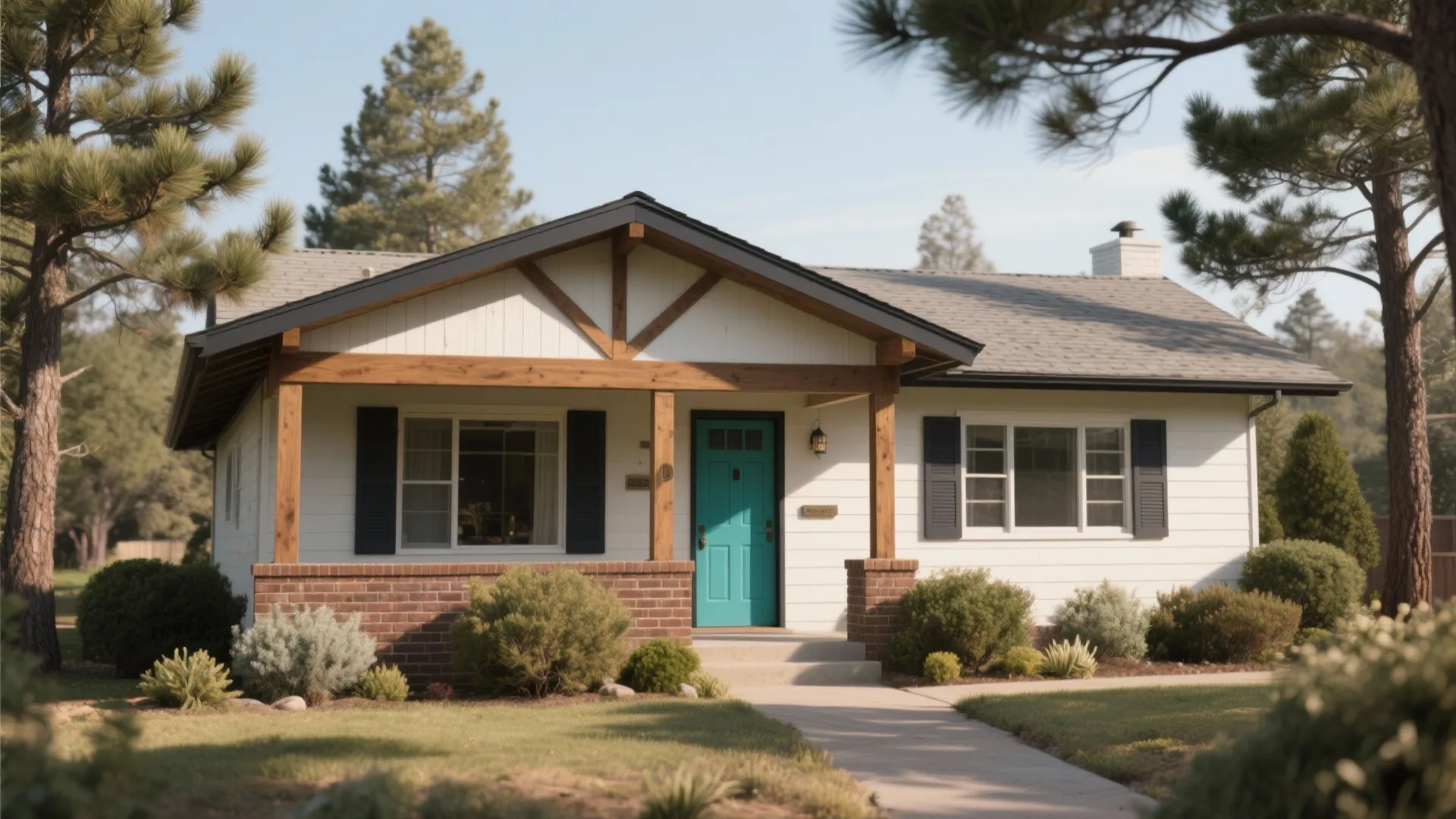 White house with a bright blue front door wooden porch black shutters and green bushes