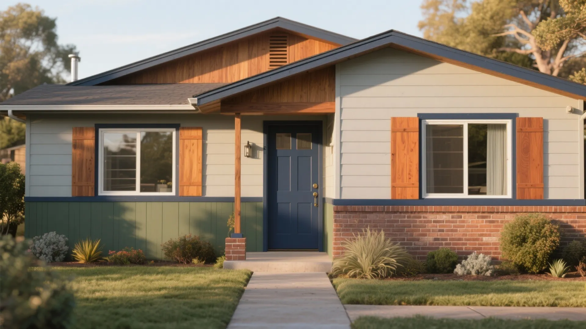 Single story house showing blue front door wooden window shutters green walls and green lawn